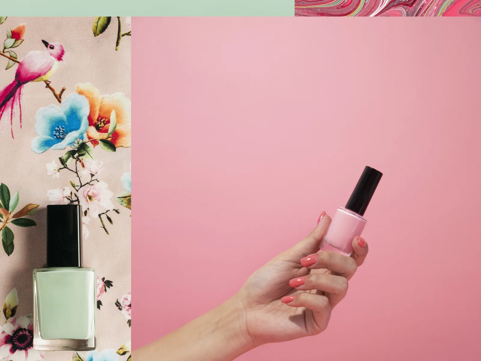 A collage of nail polish: a pink and a pale pink bottle tipped over on mint, a swirl of red marbled polish, a green bottle on floral fabric, and a hand holding a pink bottle against a pink wall