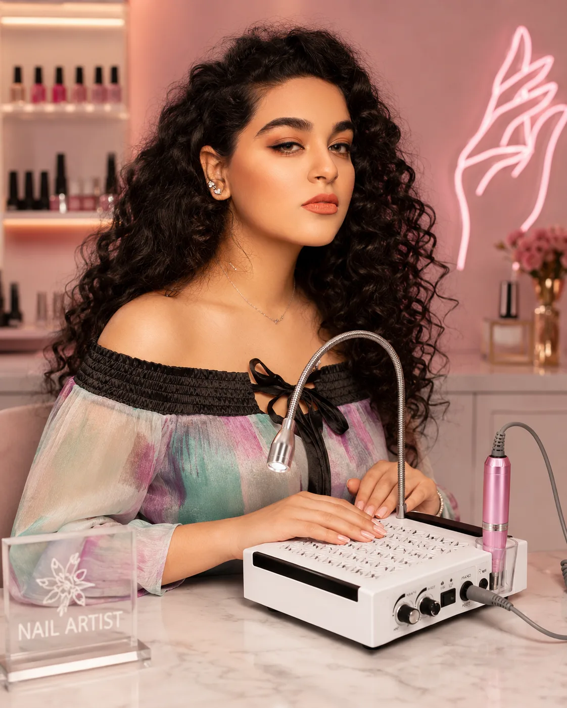 Nail technician at a marble desk with a white nail dust collector doubling as a hand rest, a pink drill in its holder and an LED lamp