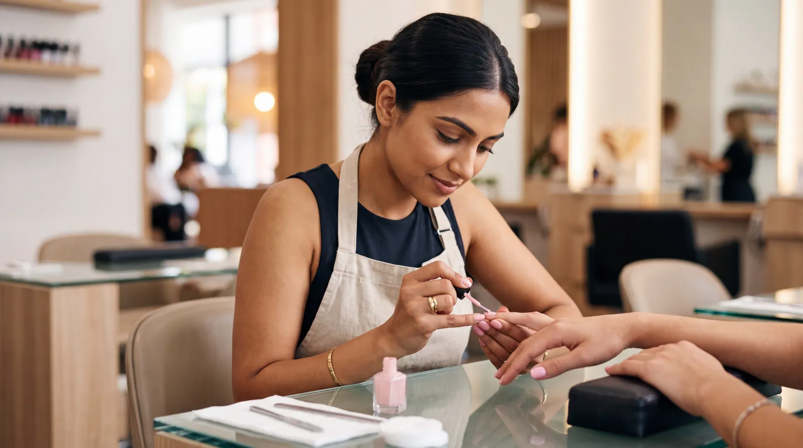 A nail technician in a salon painting a client's nails pink while the client rests her hand on the desk