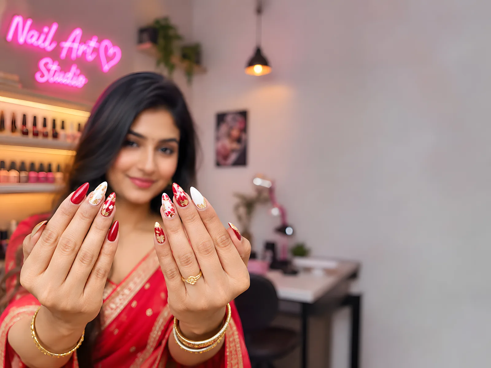 A woman in a red saree in a nail studio holding up both hands to show a finished set of almond extensions in red, white and gold nail art
