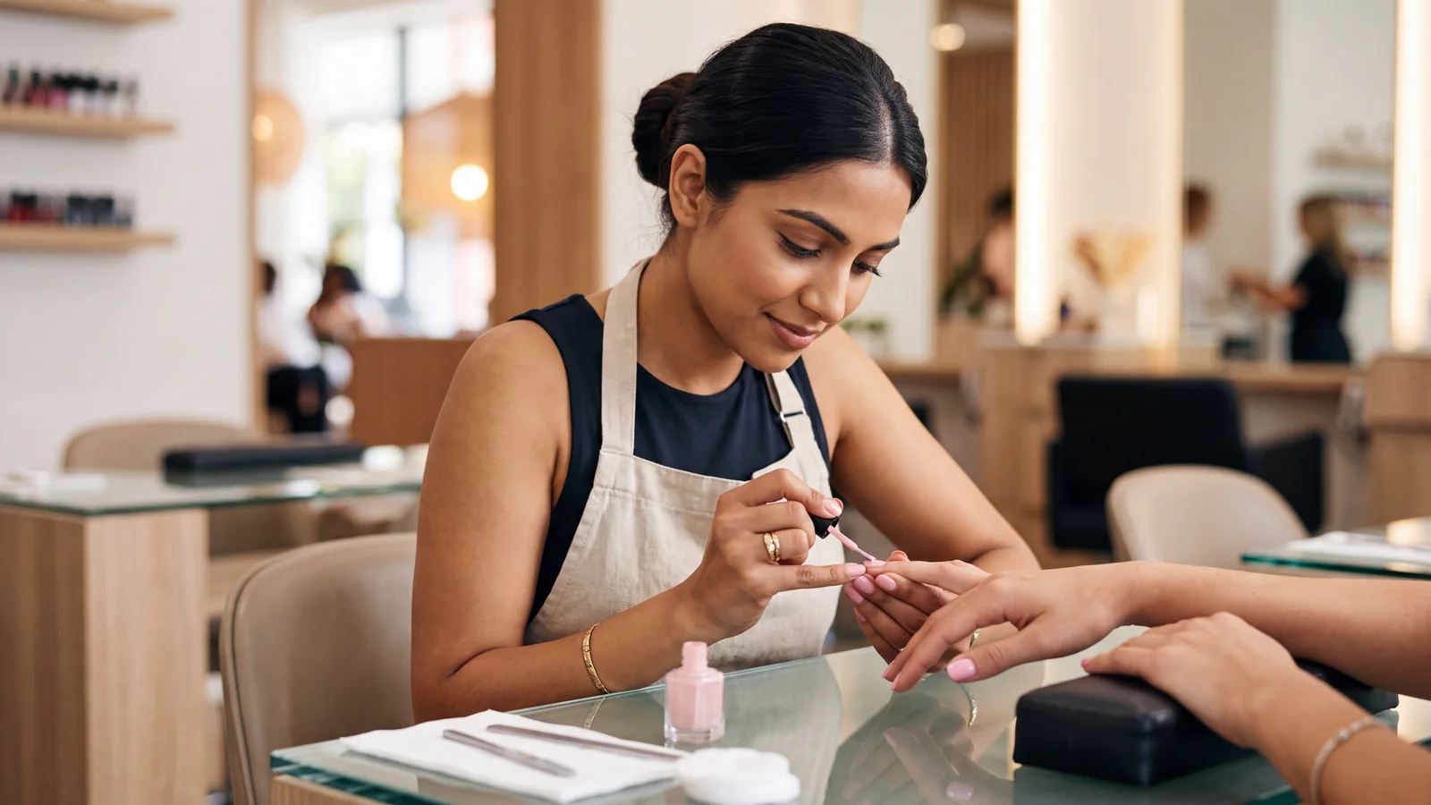 Indian nail technician applying pink gel polish to a client in a bright salon