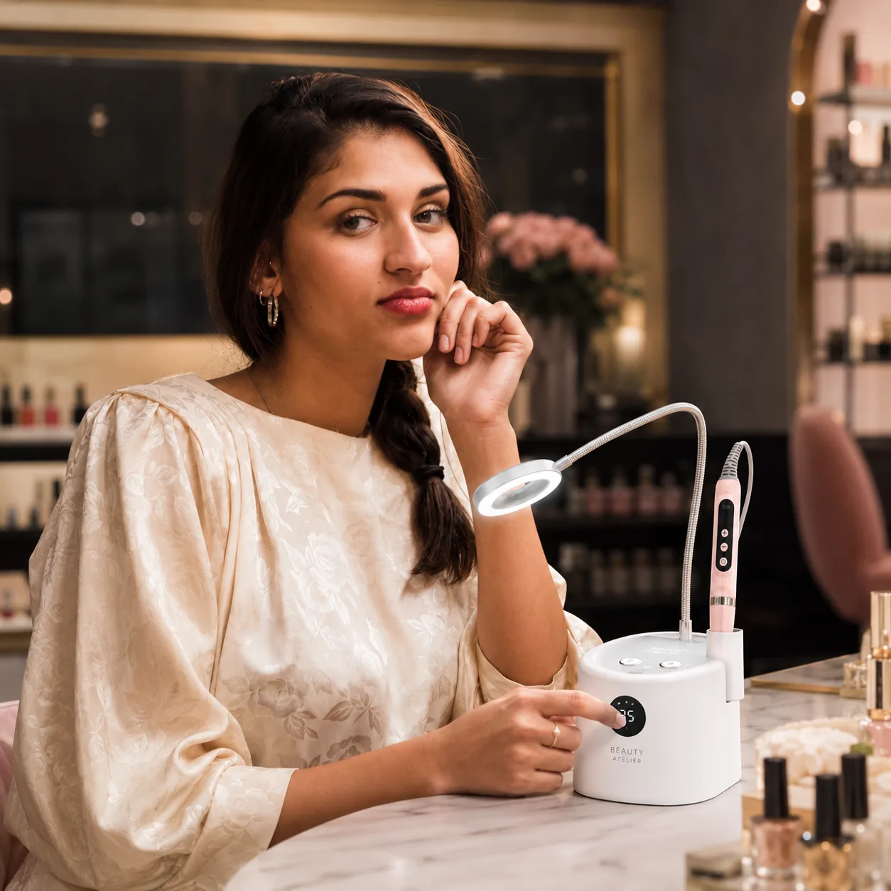 Nail technician setting the speed on a white cordless nail drill base with a pink handpiece in its cradle and a ring LED lamp