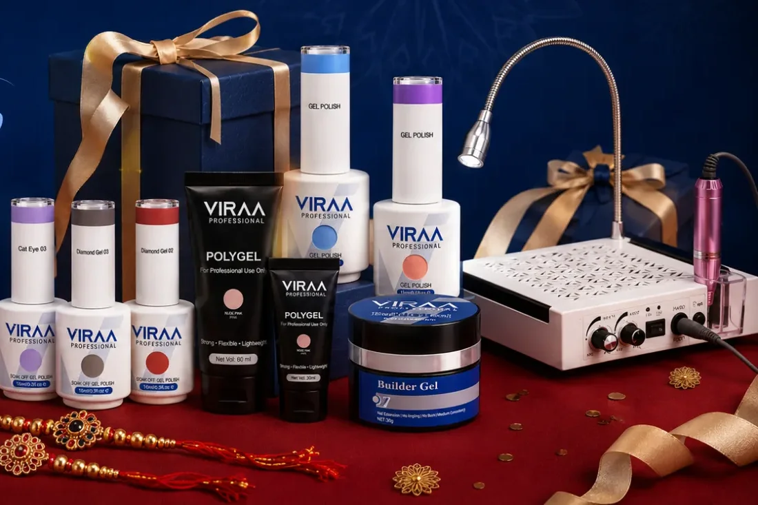 VIRAA Professional gel polish, polygel, builder gel and a nail drill with dust collector arranged with rakhi threads and a gift box on red fabric