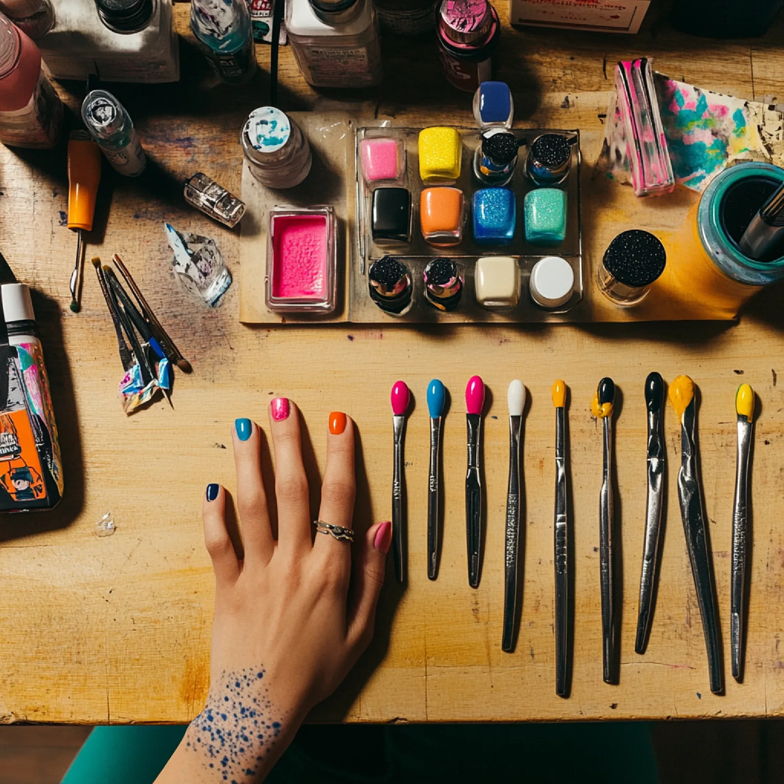 A nail technician's desk from above: a hand with freshly painted nails beside a row of nail art brushes tipped in colour, pots of gel and polish, and a palette