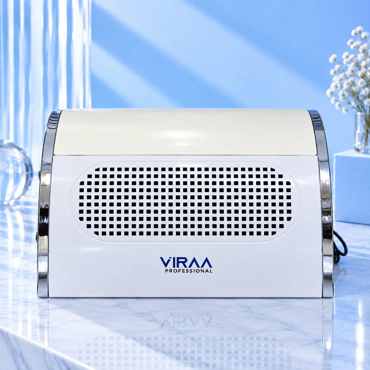 White 2-in-1 hand rest and dust collector, front view showing the mesh grille and VIRAA Professional logo