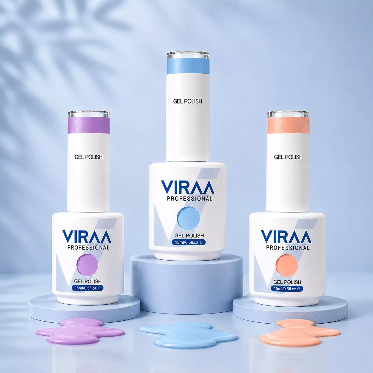 VIRAA gel polish bottles on a pale blue background