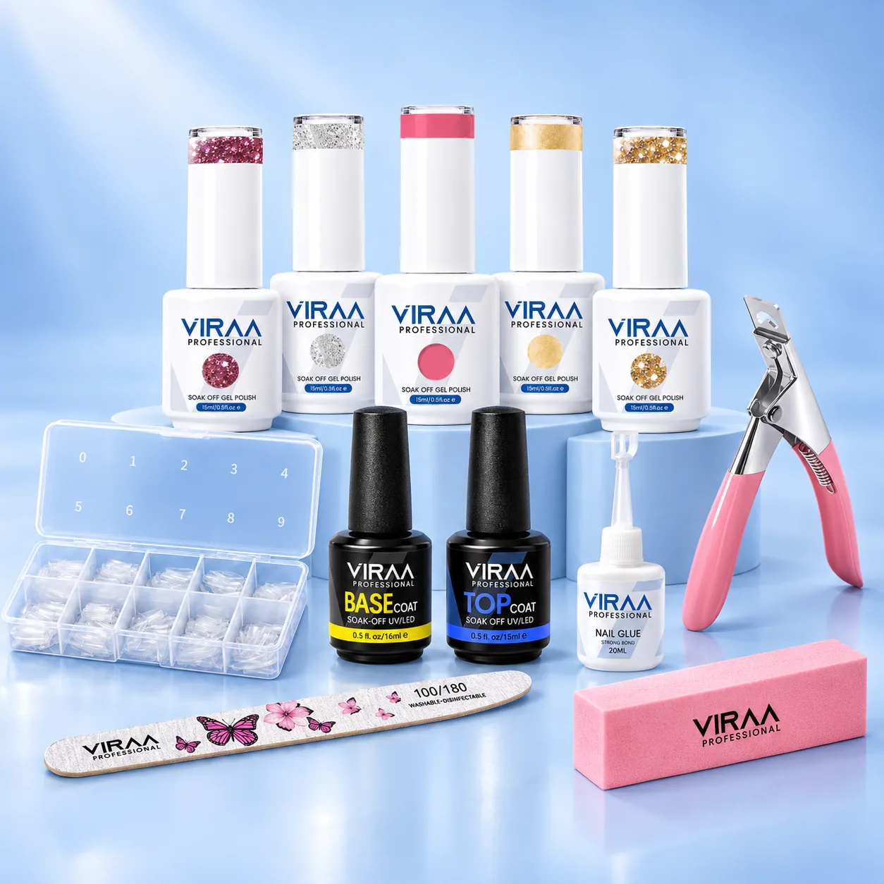 VIRAA Pro Beginner Bundle: five gel polish bottles, a box of clear nail tips, base coat and top coat, a 20ml nail glue, a pink tip cutter, a butterfly nail file and a pink block buffer
