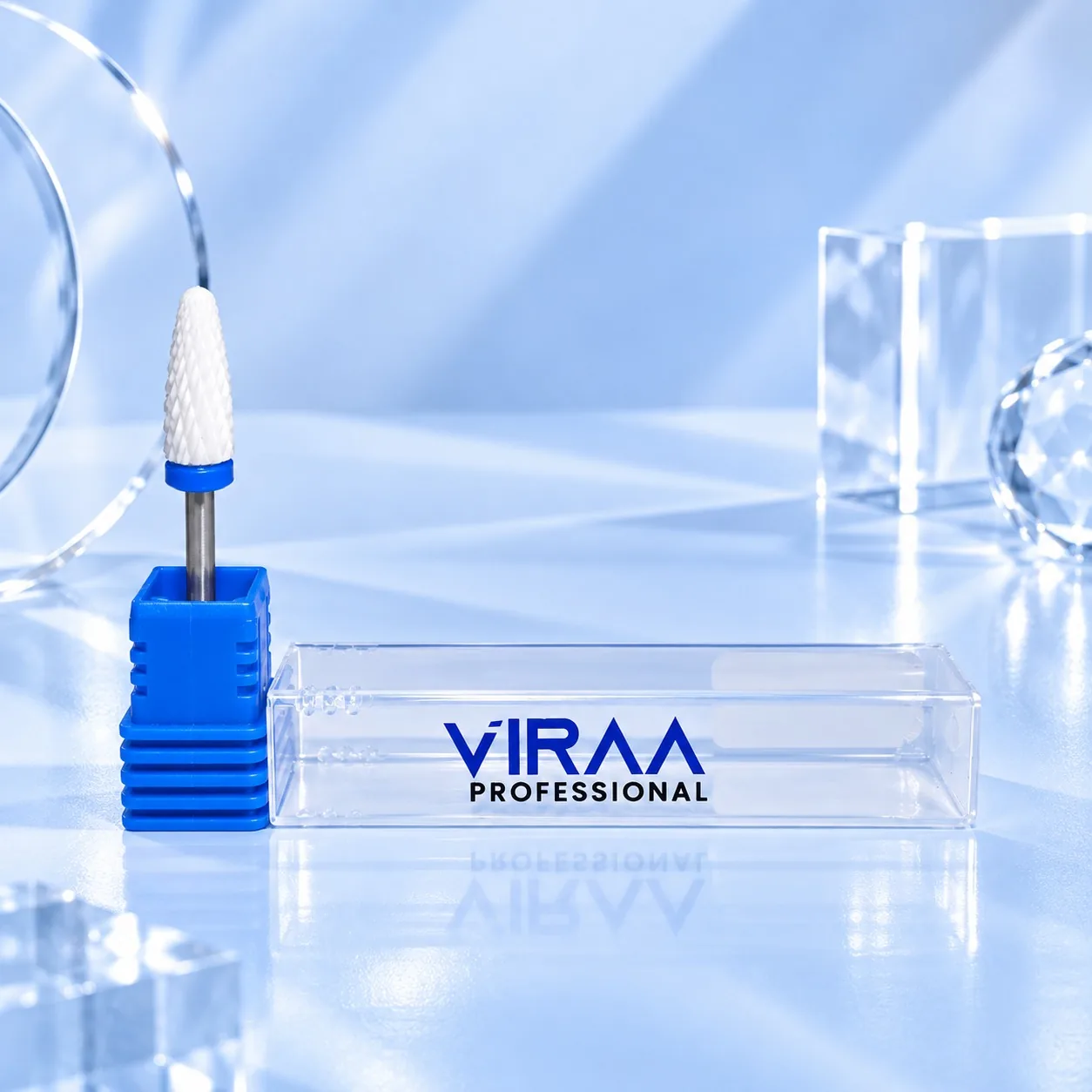 Viraa Pro nail drill bit, medium-grit flame shape with a blue grit band, beside its clear case