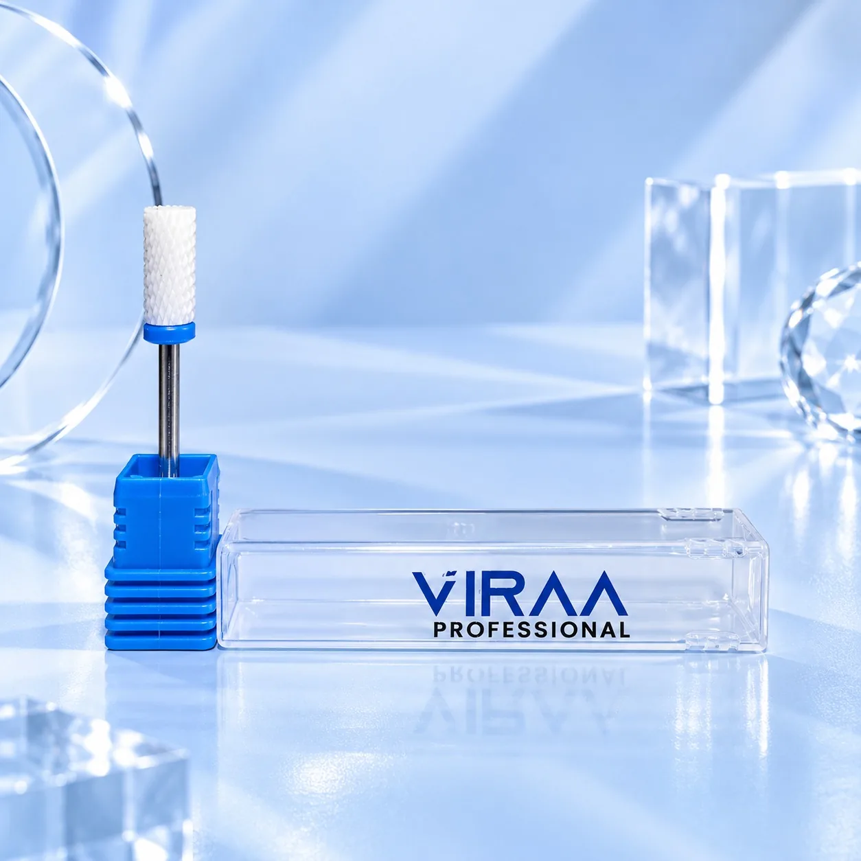 Viraa Pro nail drill bit, medium-grit large barrel with a blue grit band, beside its clear case