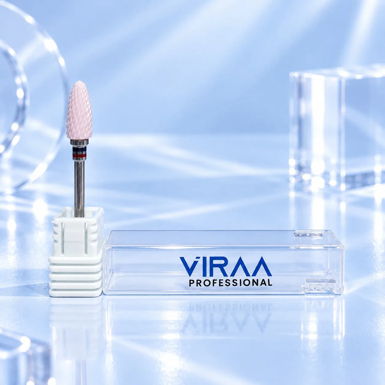 Viraa Pro nail drill bit, medium-grit pink torch cylinder, beside its clear case