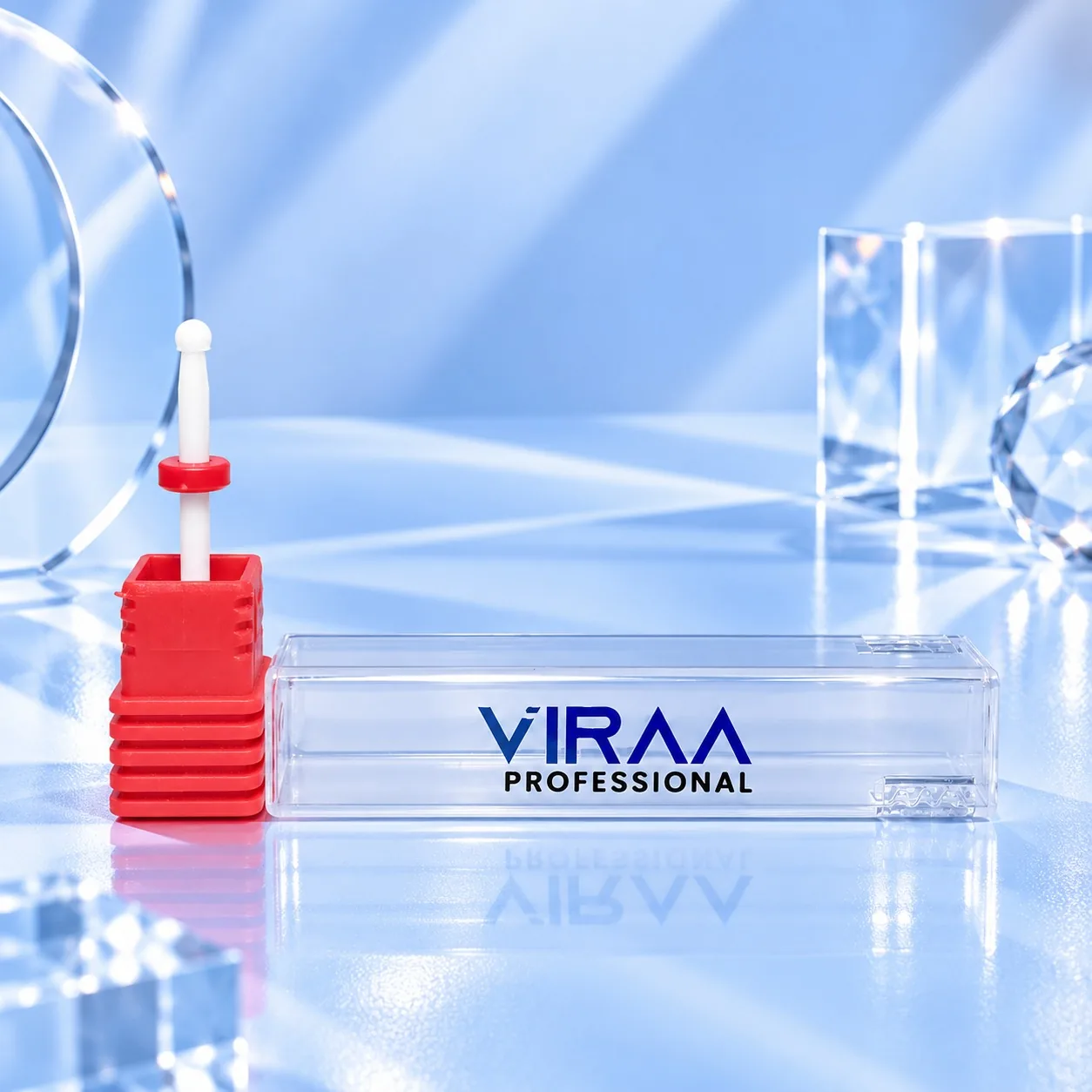 Viraa Pro nail drill bit, round ball tip with a red grit band, beside its clear case