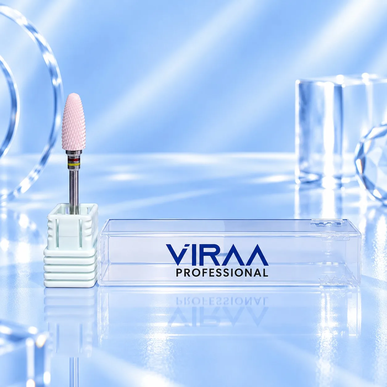 Viraa Pro nail drill bit, extra-fine pink torch cylinder, beside its clear case