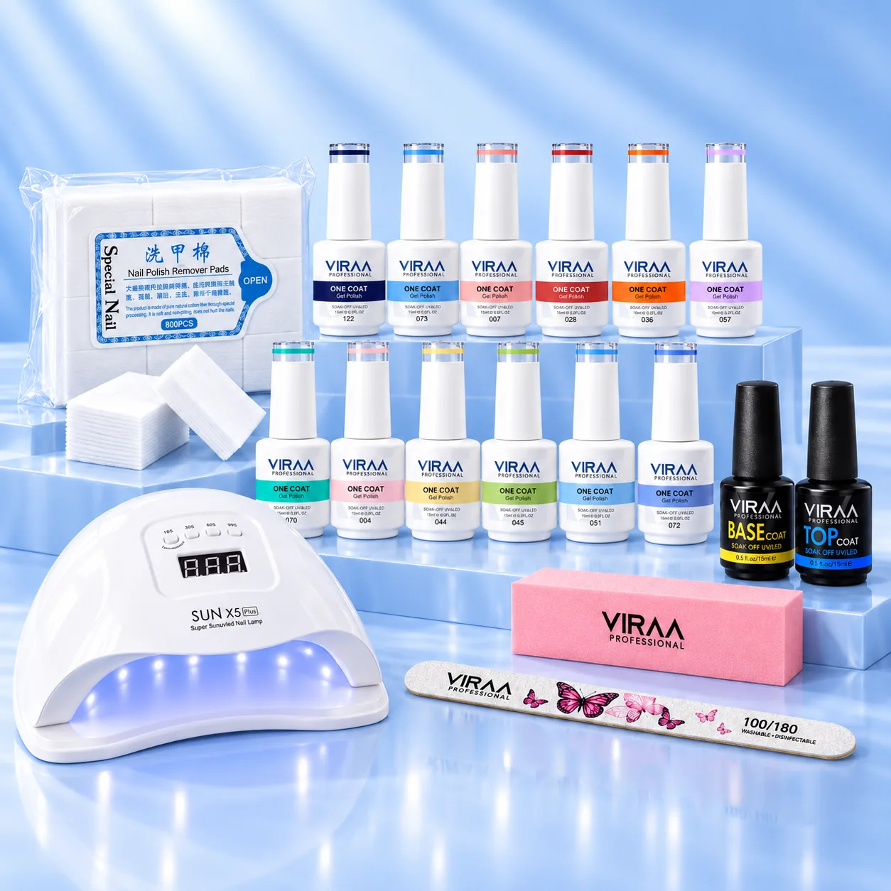 VIRAA Pro Gel Essentials Kit: a white UV/LED nail lamp, twelve One Coat gel polish bottles, black base coat and top coat bottles, a pink block buffer, a butterfly nail file and a pack of nail wipes