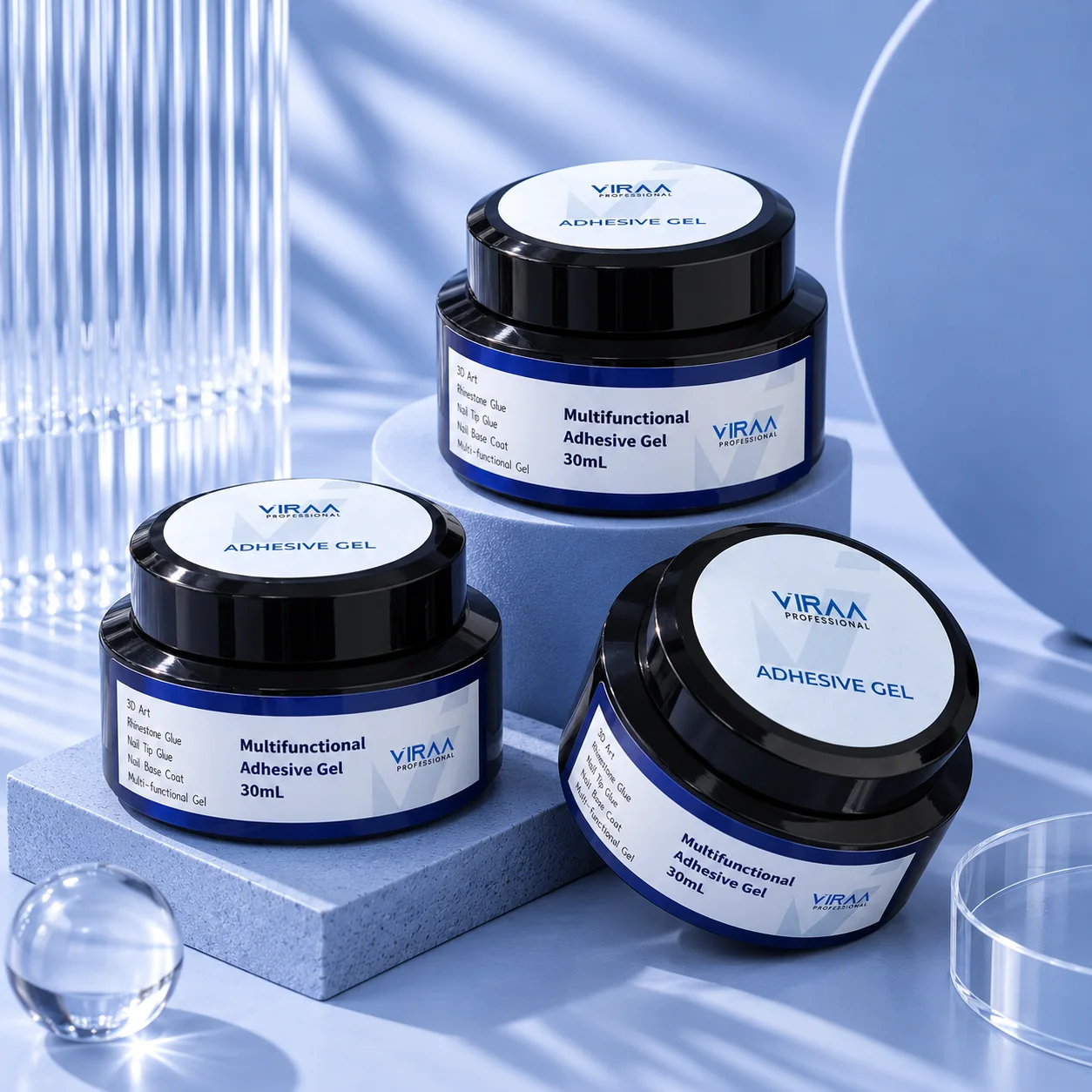 VIRAA Pro Multifunctional Adhesive Gel 30ml, three 30ml pots grouped on a display block