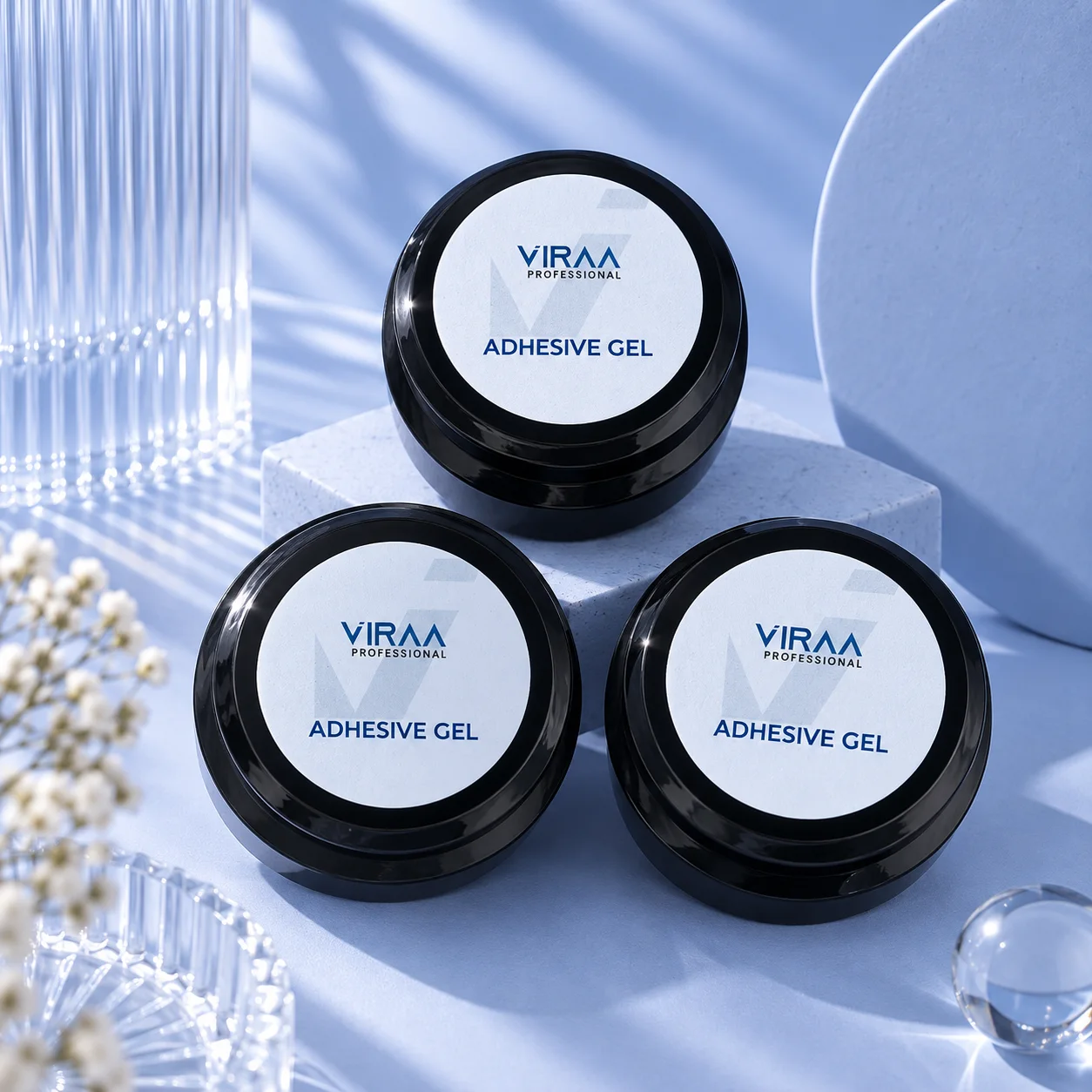 VIRAA Pro Multifunctional Adhesive Gel 30ml, three pots showing the lid branding