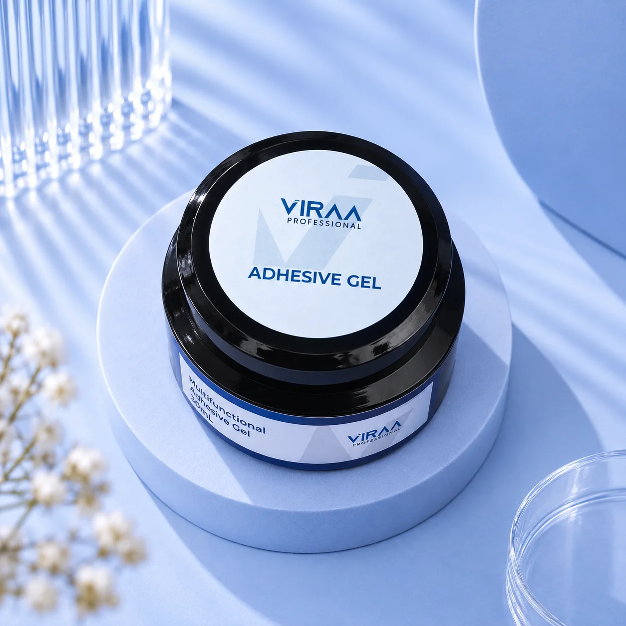 VIRAA Pro Multifunctional Adhesive Gel in a 30ml black pot, for 3D nail art, rhinestones, tips and base coat
