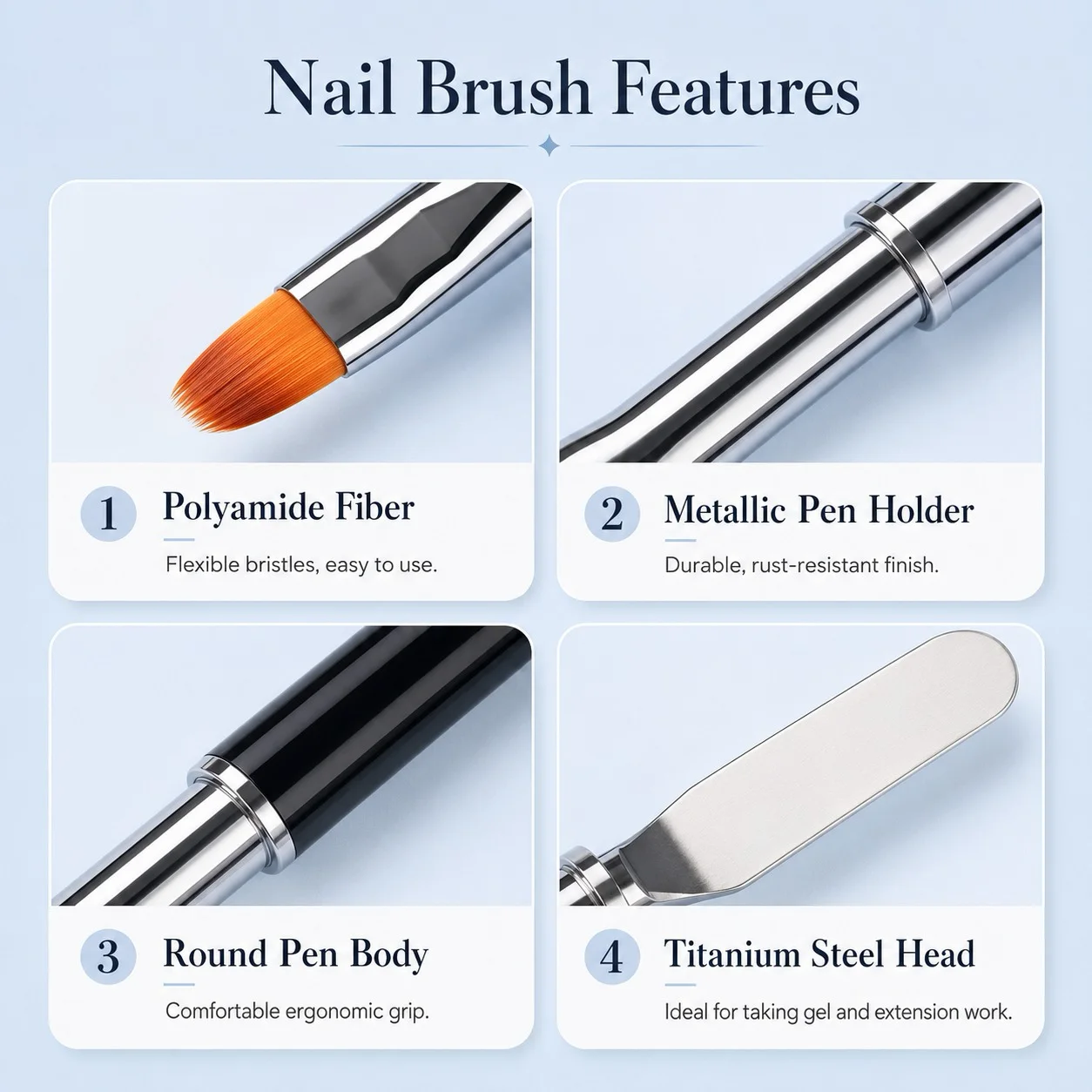 VIRAA Polygel Brush features: polyamide fibre bristles, metallic pen holder, round pen body and a titanium steel spatula head