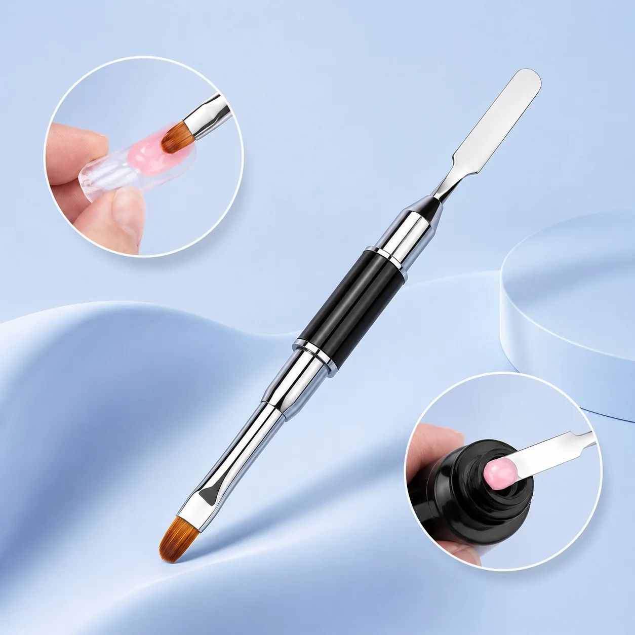 Dual-ended VIRAA Polygel Brush and spatula, with close-ups of the brush smoothing polygel on a nail tip and the spatula scooping gel from the bottle