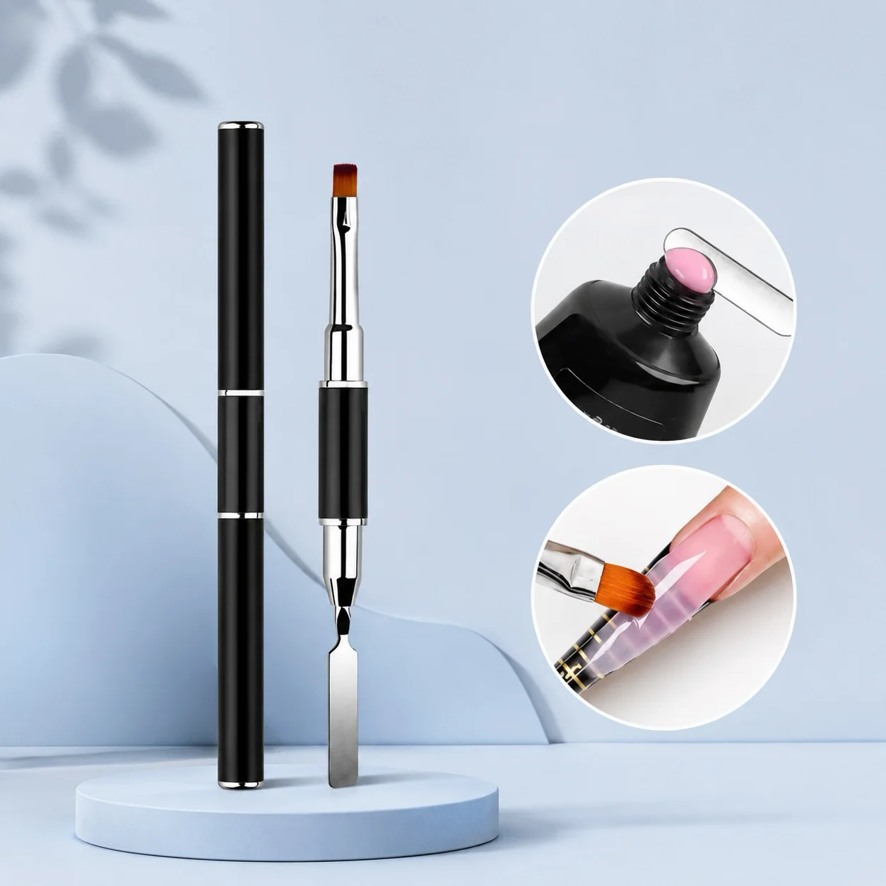 VIRAA Polygel Brush standing beside its closed cap, with close-ups of the spatula lifting polygel from the tube and the brush shaping it on a nail