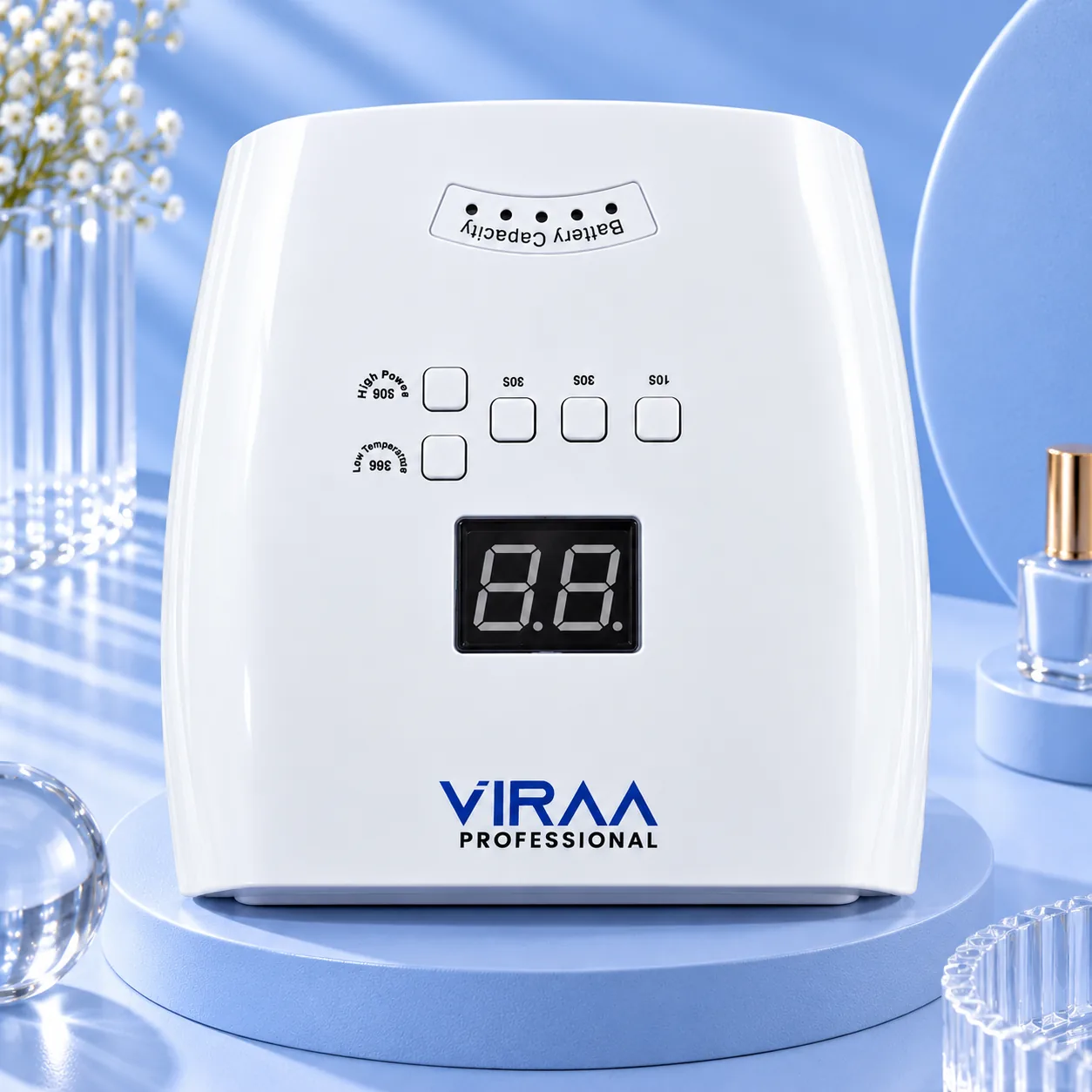 S10 rechargeable nail lamp in white, front view with the digital display and timer buttons