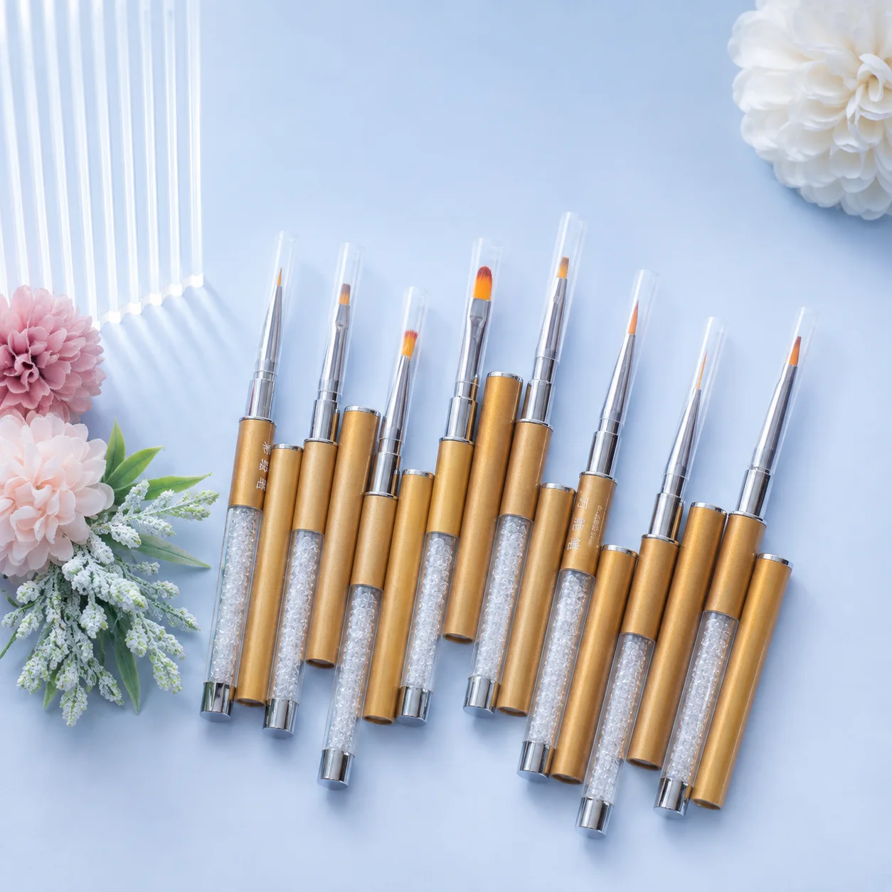 VIRAA Special 8-Piece Nail Art Brush Set fanned out with caps removed, each brush head uncovered