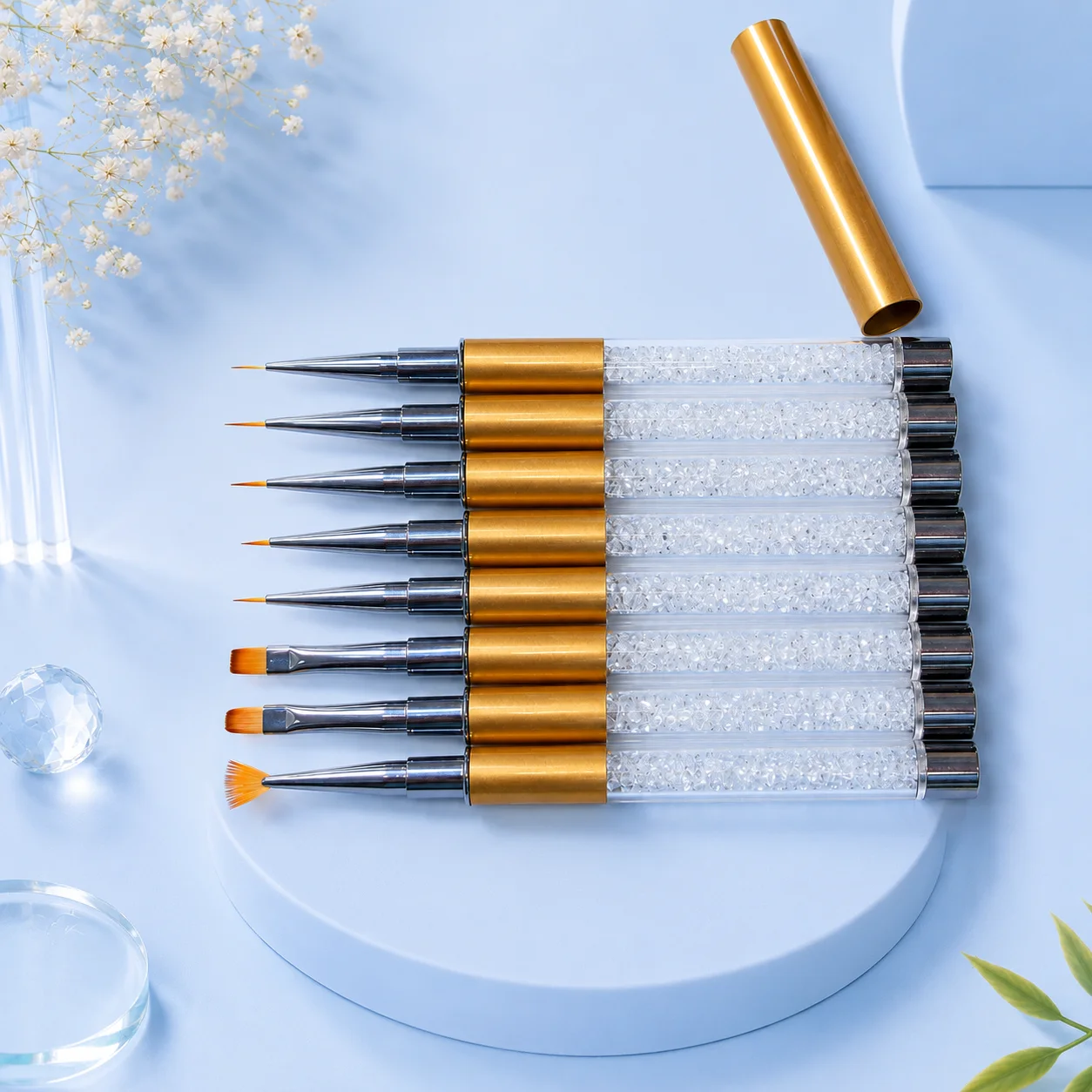 All eight brush heads of the VIRAA Special Nail Art Brush Set side by side: fine liners, flat gel brushes and a fan brush