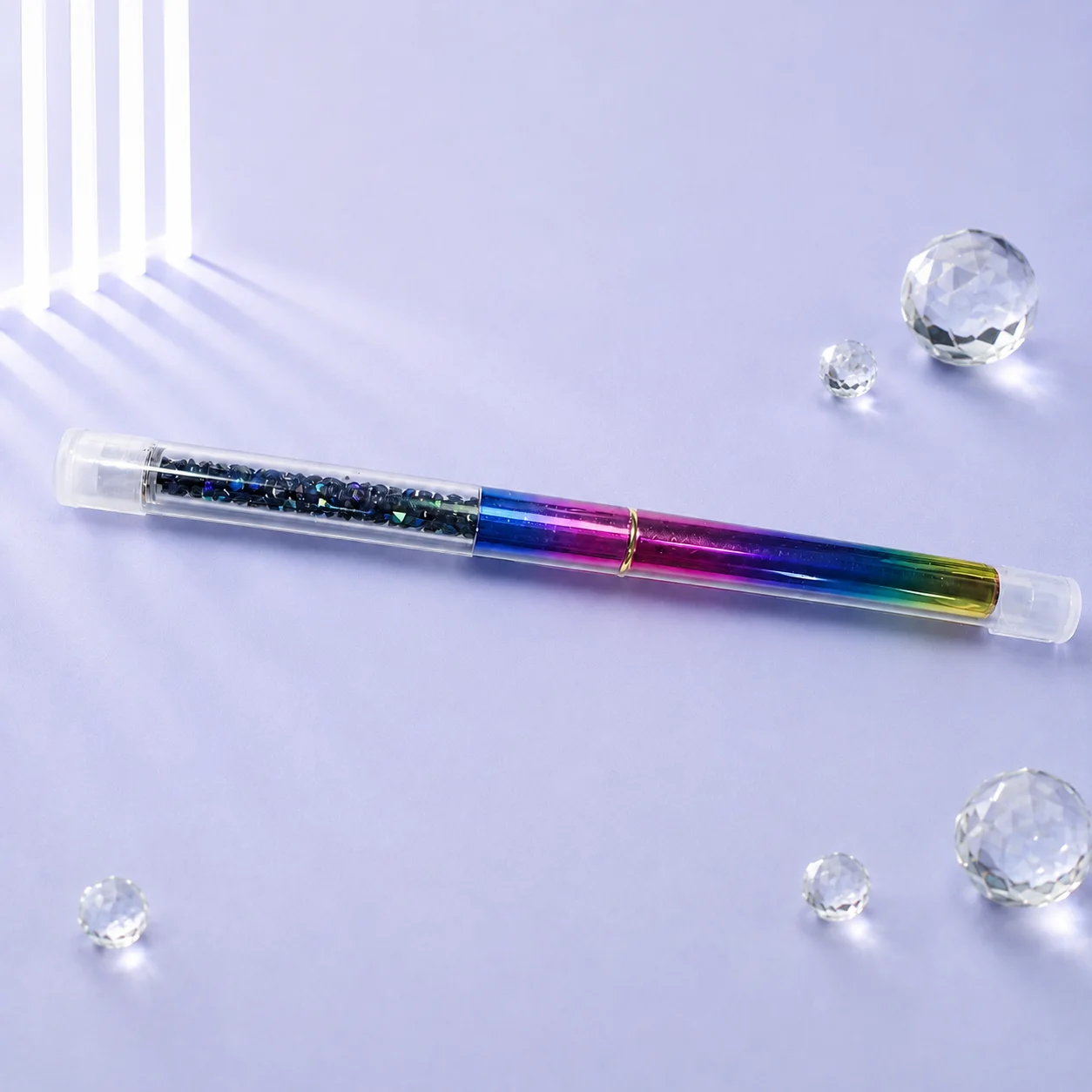 Special Polygel Brush in rainbow crystal, capped at both ends, with the crystal-filled clear handle