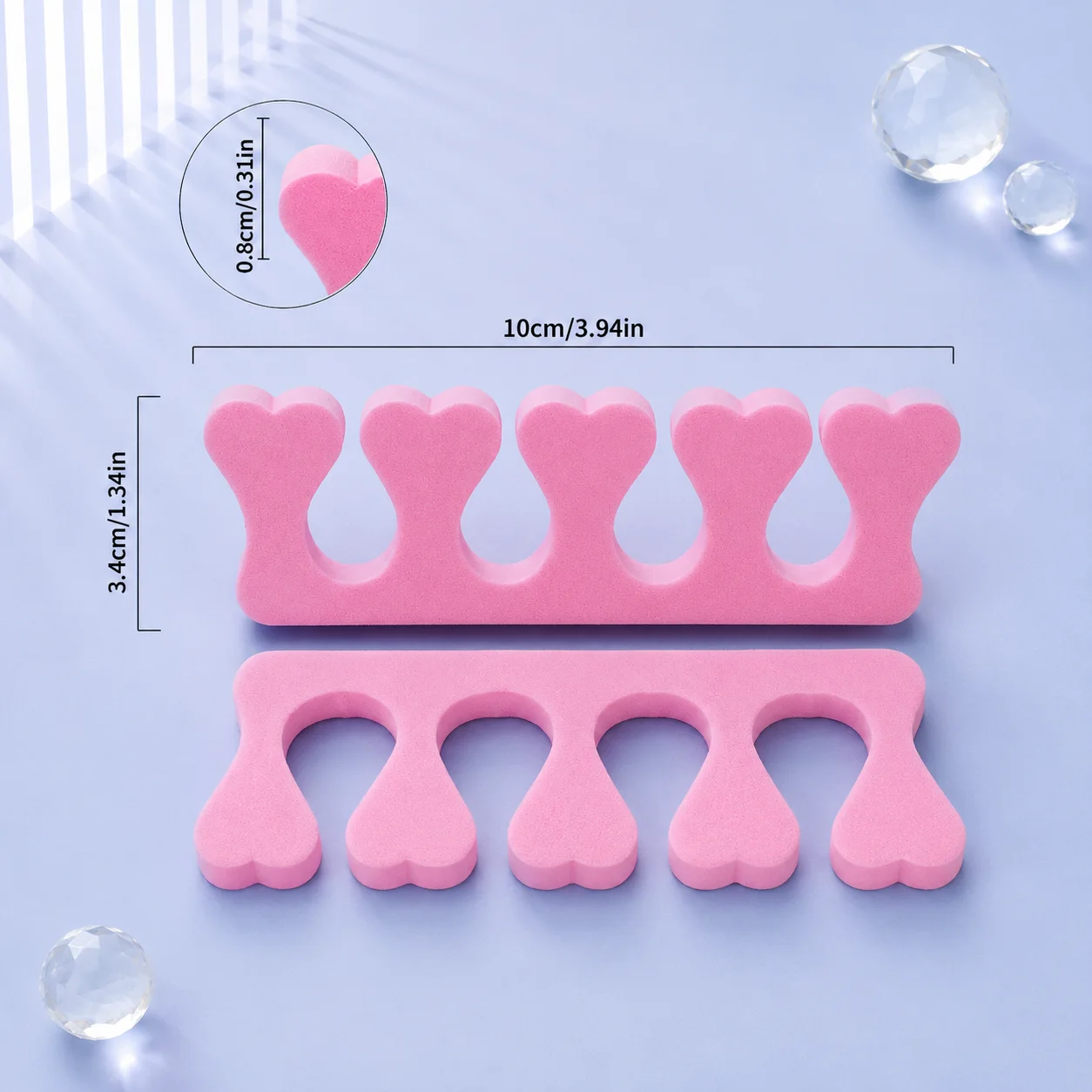 VIRAA Toe Separator measurements: 10cm long by 3.4cm high, 0.8cm thick foam, shown as a pair