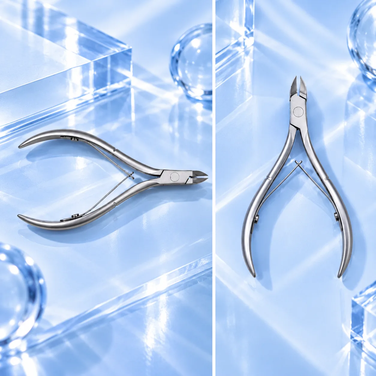 VIRAA Professional cuticle cutter, a spring-loaded nipper shown from the side and from above