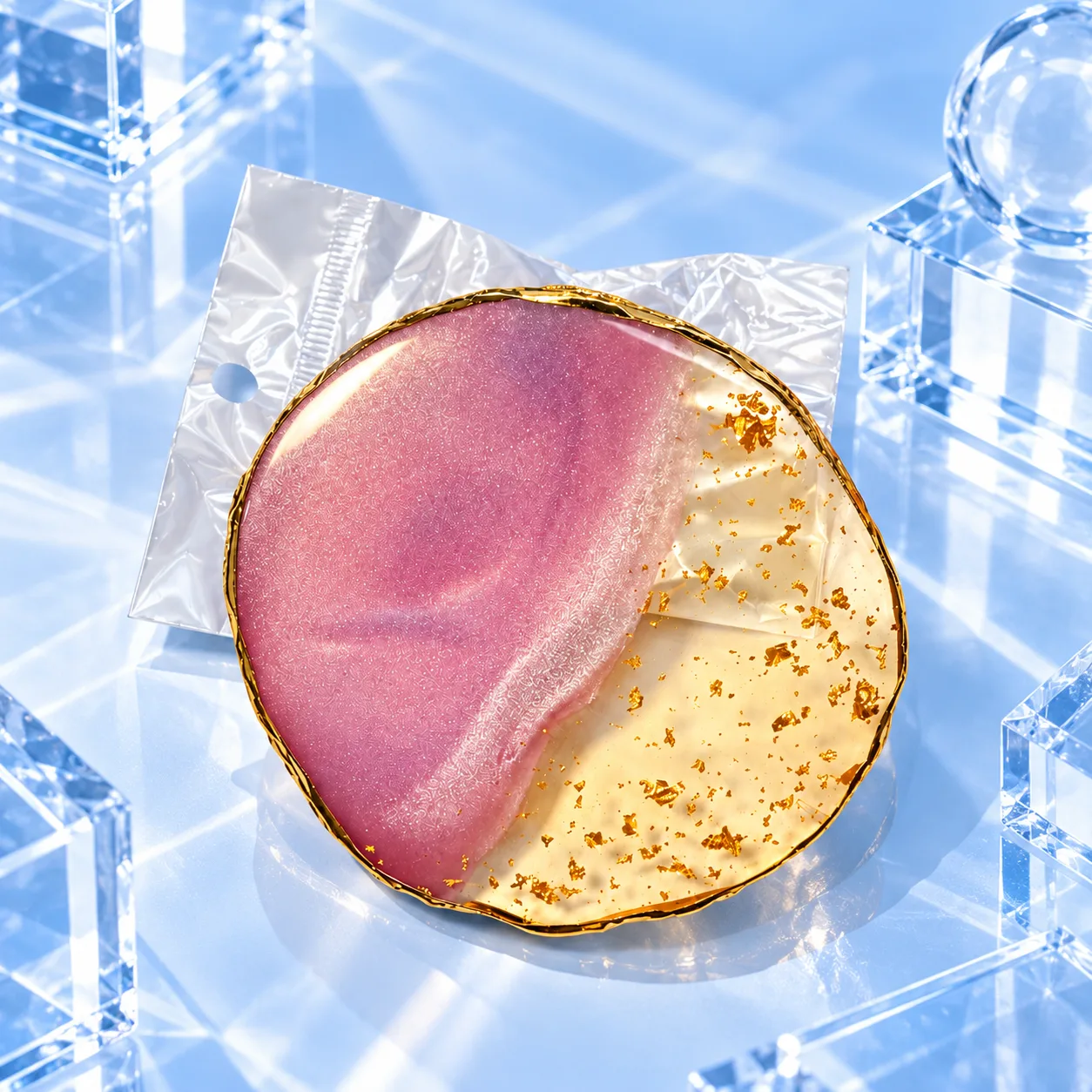VIRAA Professional multi-purpose nail art plate, round, marbled pink with gold flecks and a gold edge, in its bag