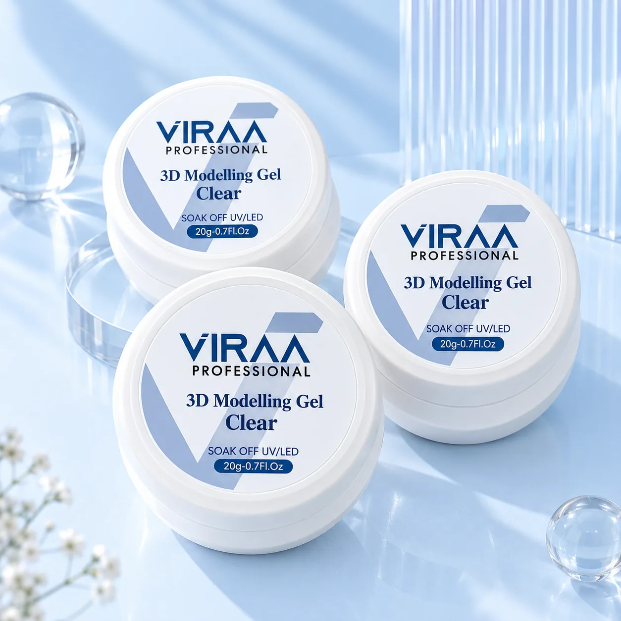Three pots of Viraa Pro 3D Modelling Gel in Clear, soak-off UV/LED, 20g each