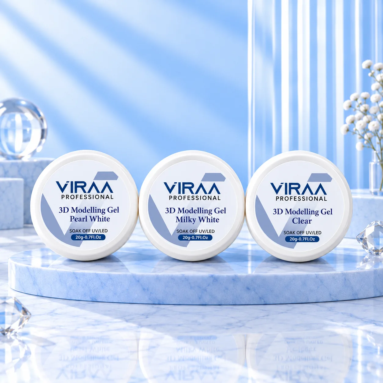 Three 20g pots of Viraa Pro 3D Modelling Gel on a marble plinth: Pearl White, Milky White and Clear