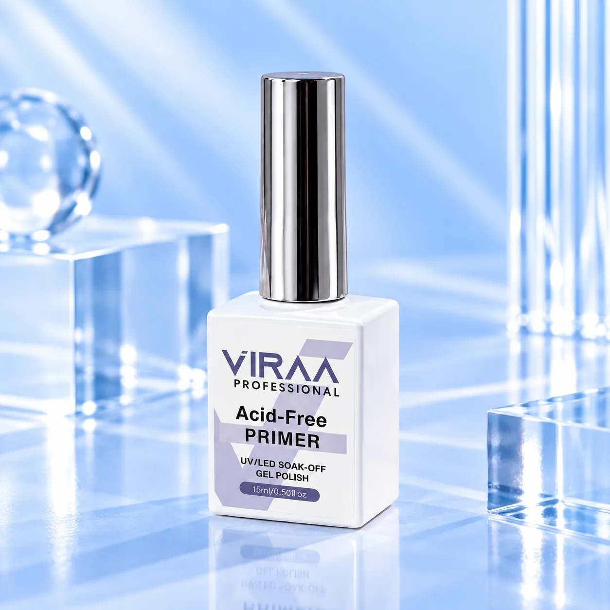 Viraa Pro Acid-Free Primer in a white 15ml bottle with a silver cap, standing on clear acrylic blocks