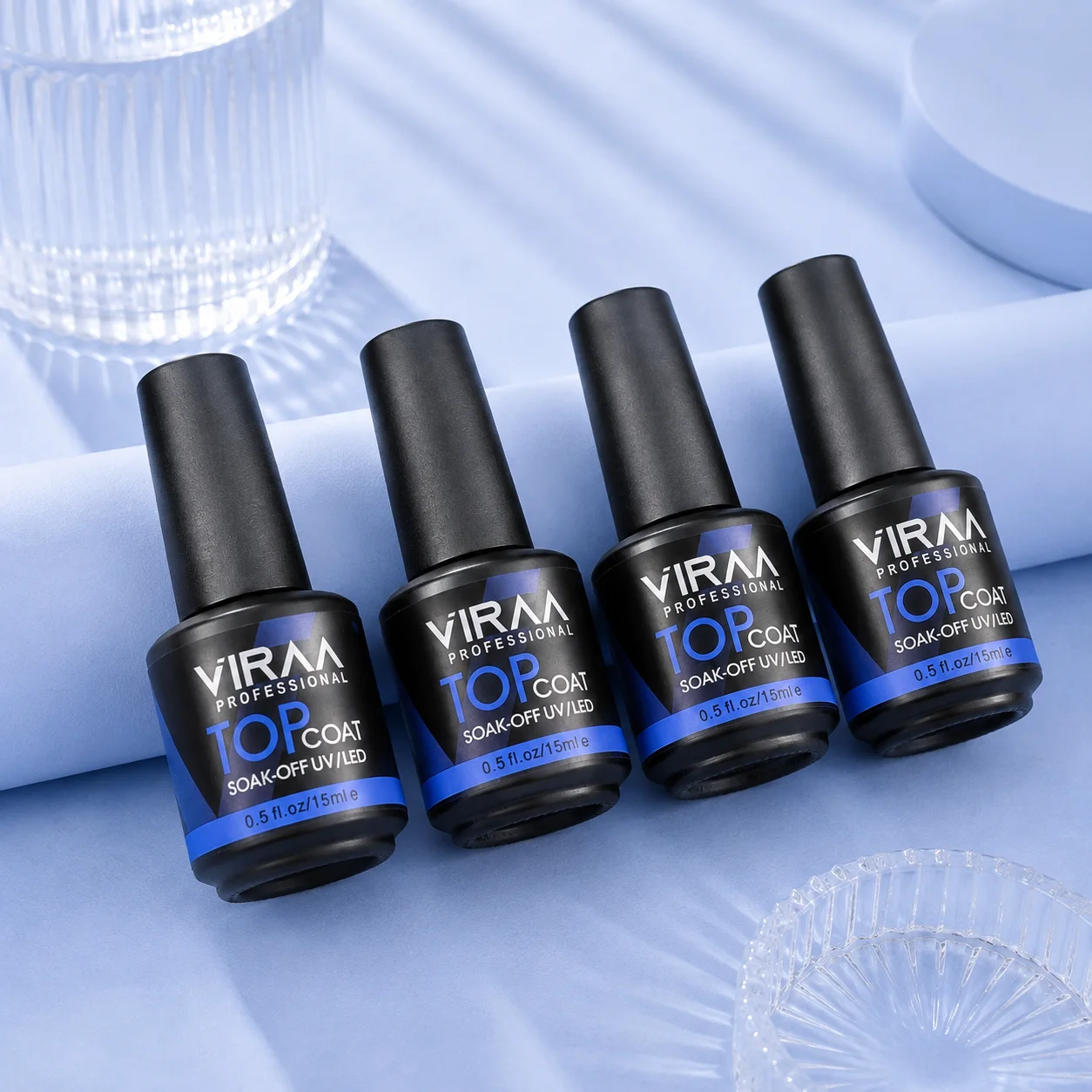 VIRAA Pro Crystal Top Coat in a black 15ml bottle with a blue band, soak-off UV/LED gel