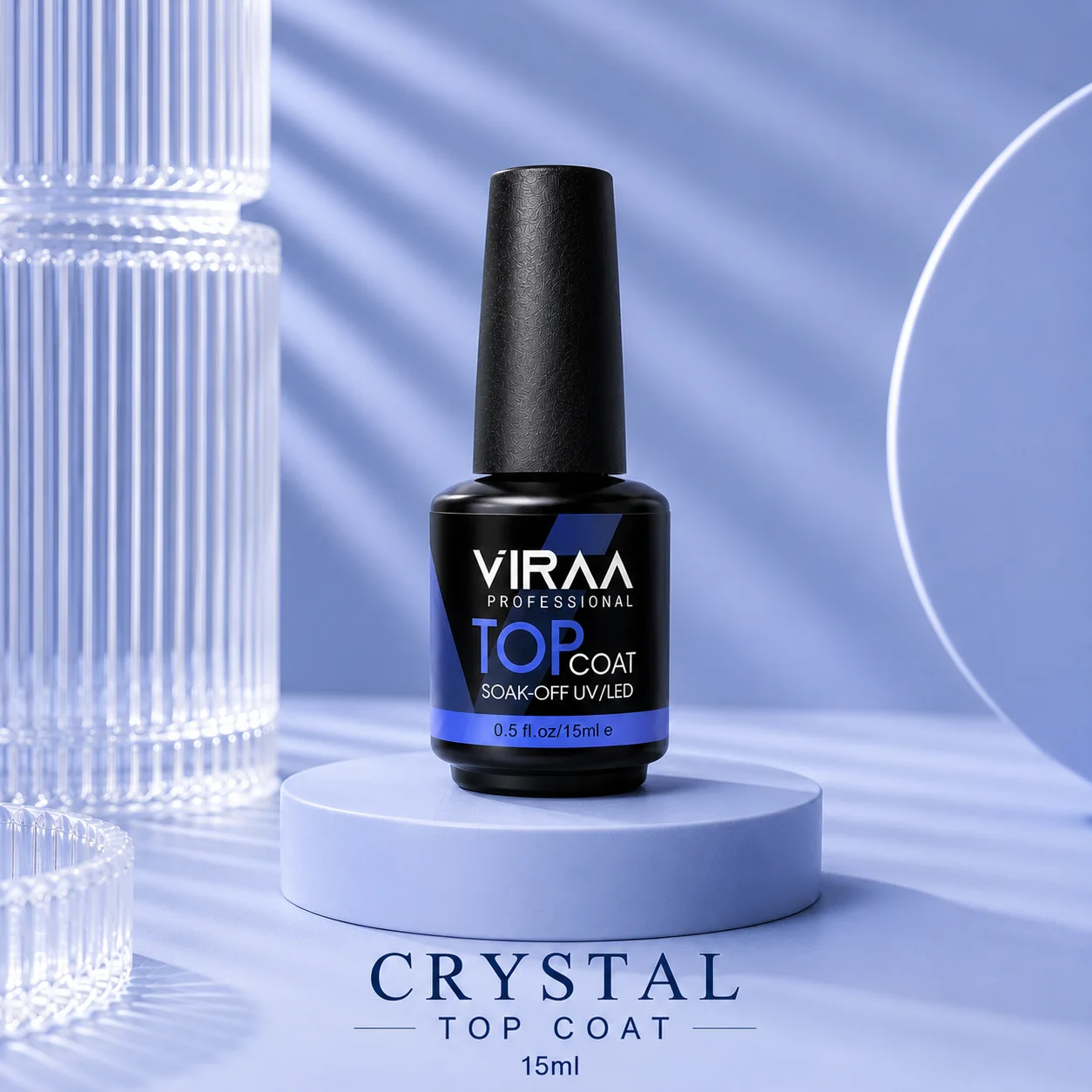 VIRAA Pro Crystal Top Coat in a black 15ml bottle with a blue band, soak-off UV/LED gel