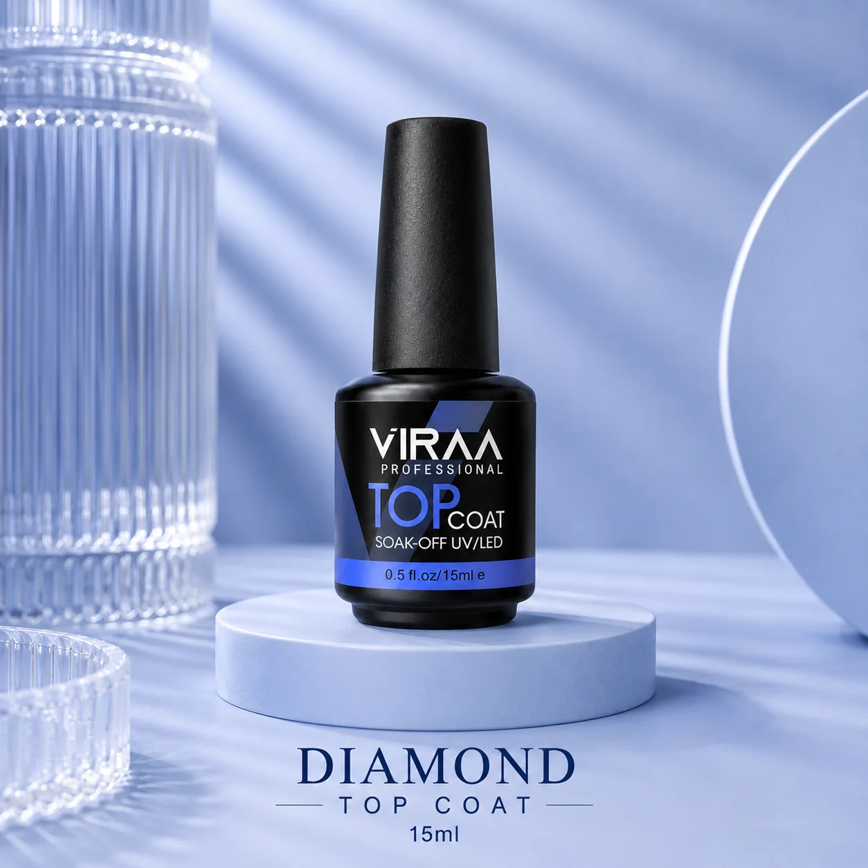 VIRAA Pro Diamond Top Coat in a black 15ml bottle with a blue band, soak-off UV/LED gel