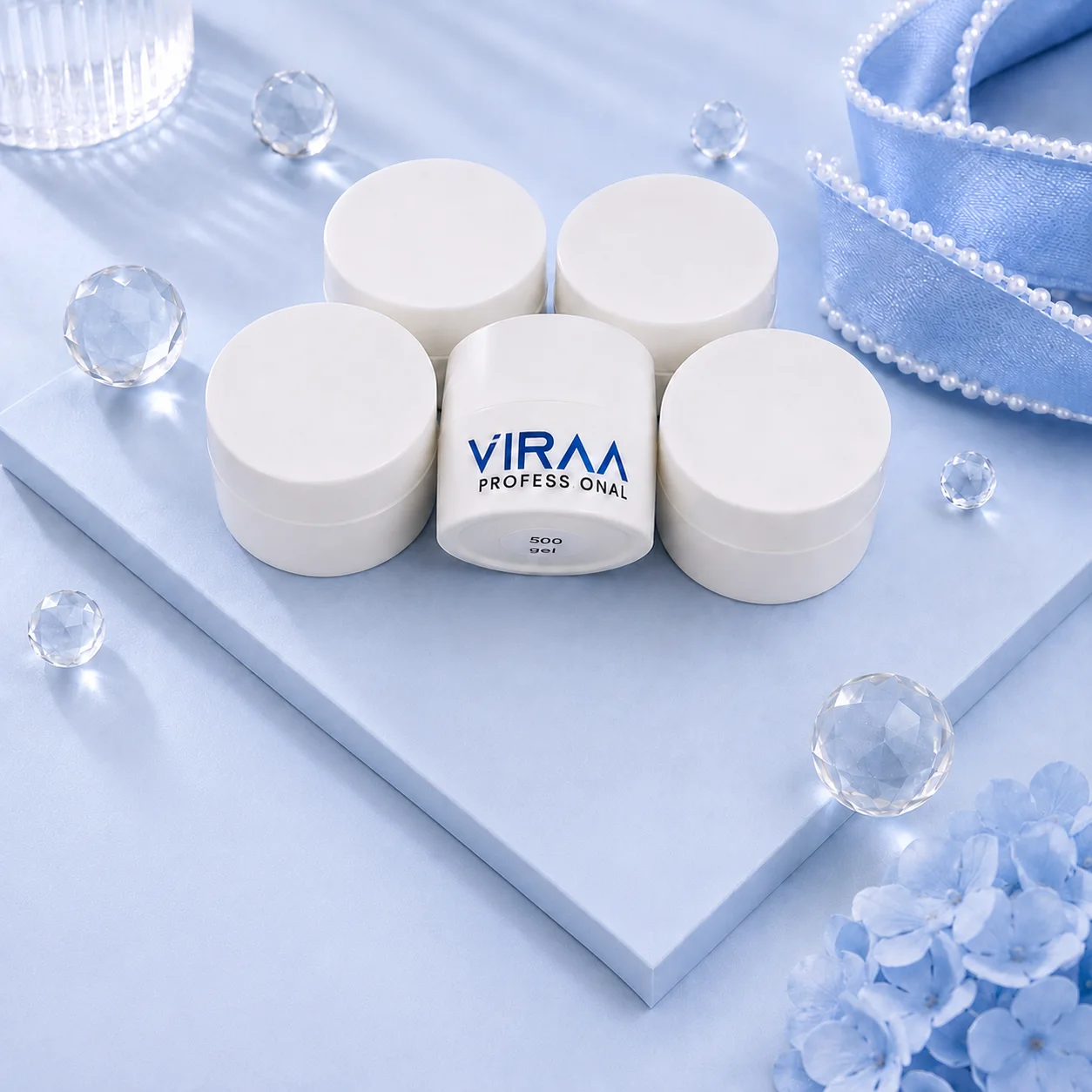 VIRAA Pro High Density Platinum Gel in white 5gm pots, with a swatch card showing gold, red, orange, coral and silver glitter shades
