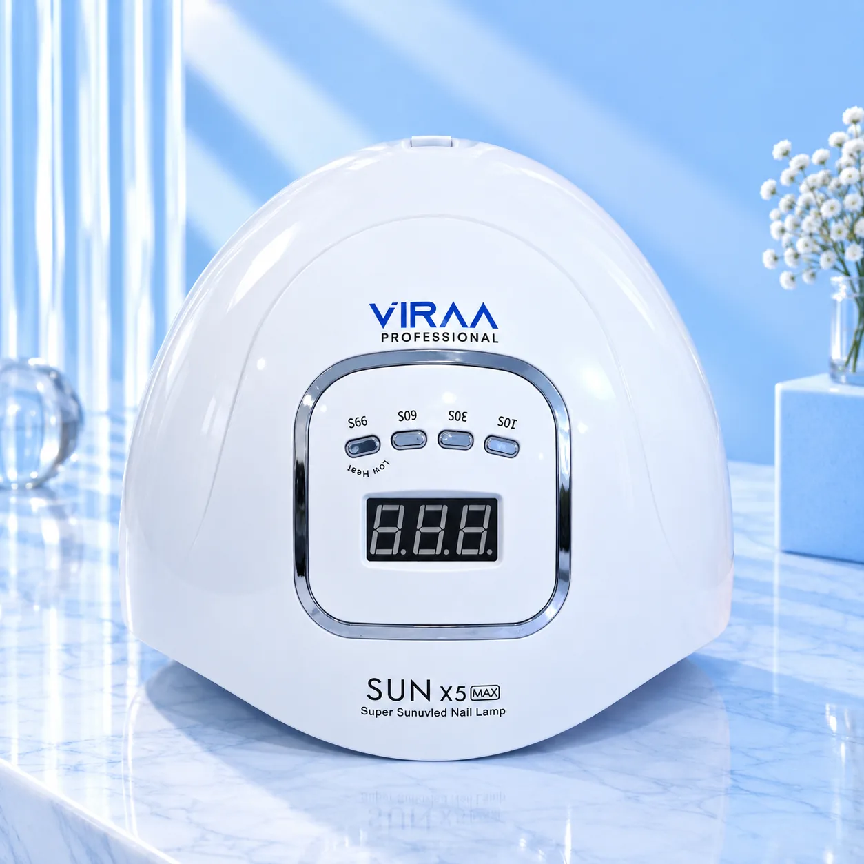 Front of the Viraa Pro Legend MAX nail lamp showing the display and VIRAA Professional logo