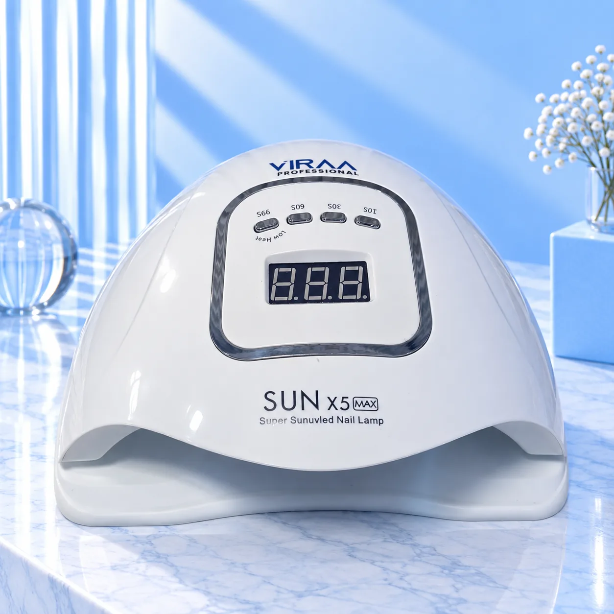 Viraa Pro Legend MAX nail lamp, SUNX5 MAX in white, angled front view with the digital display