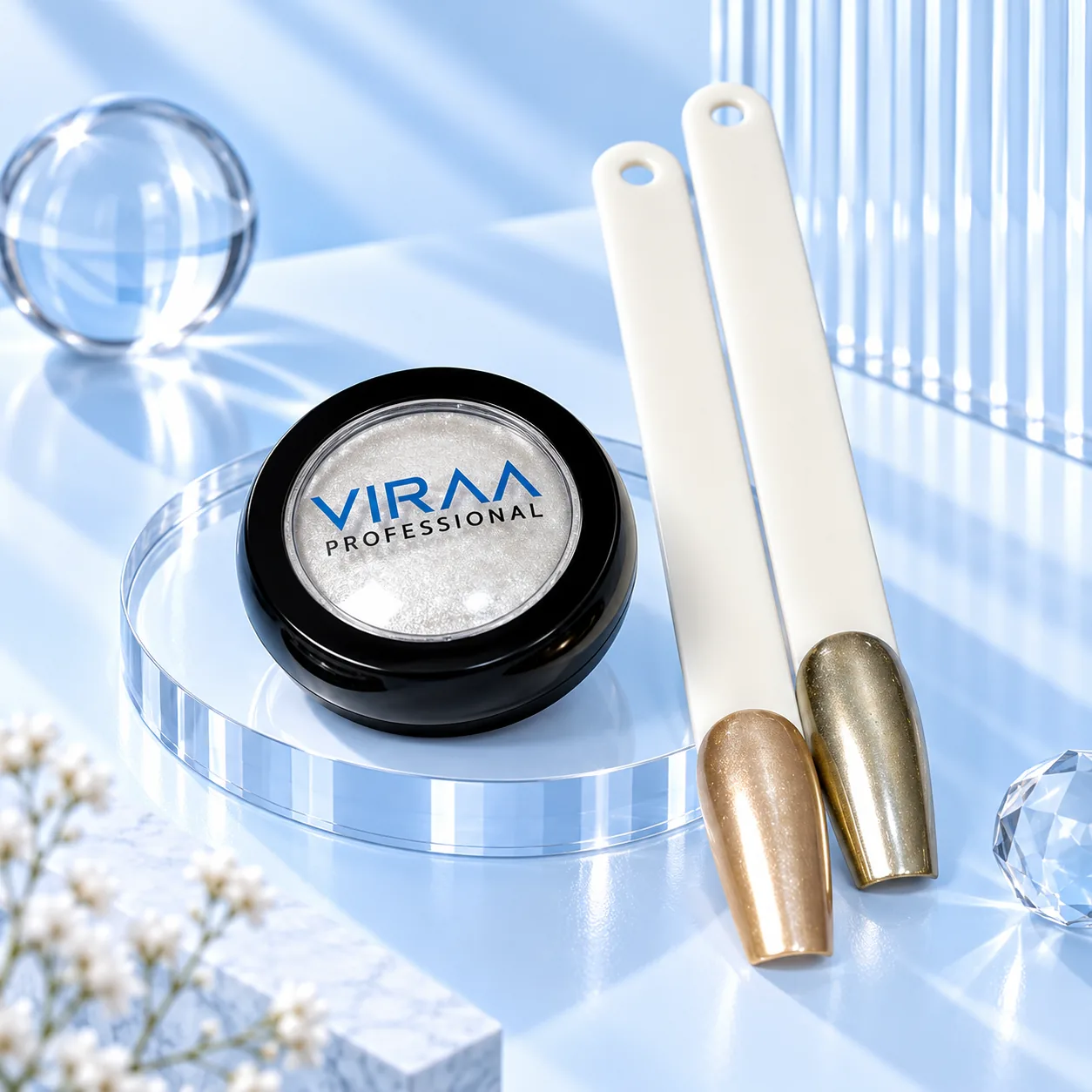 Viraa Pro Mirror Chrome Powder shade 005, a gold powder, with a lighter and a darker sample nail tip
