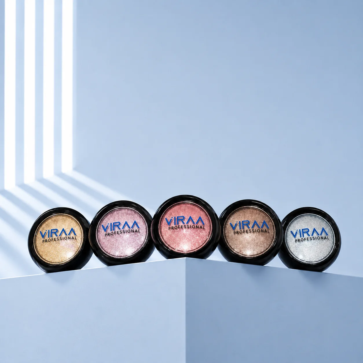 VIRAA Pro Mirror Chrome Powder in five black pots, in gold, pink, rose, champagne and silver