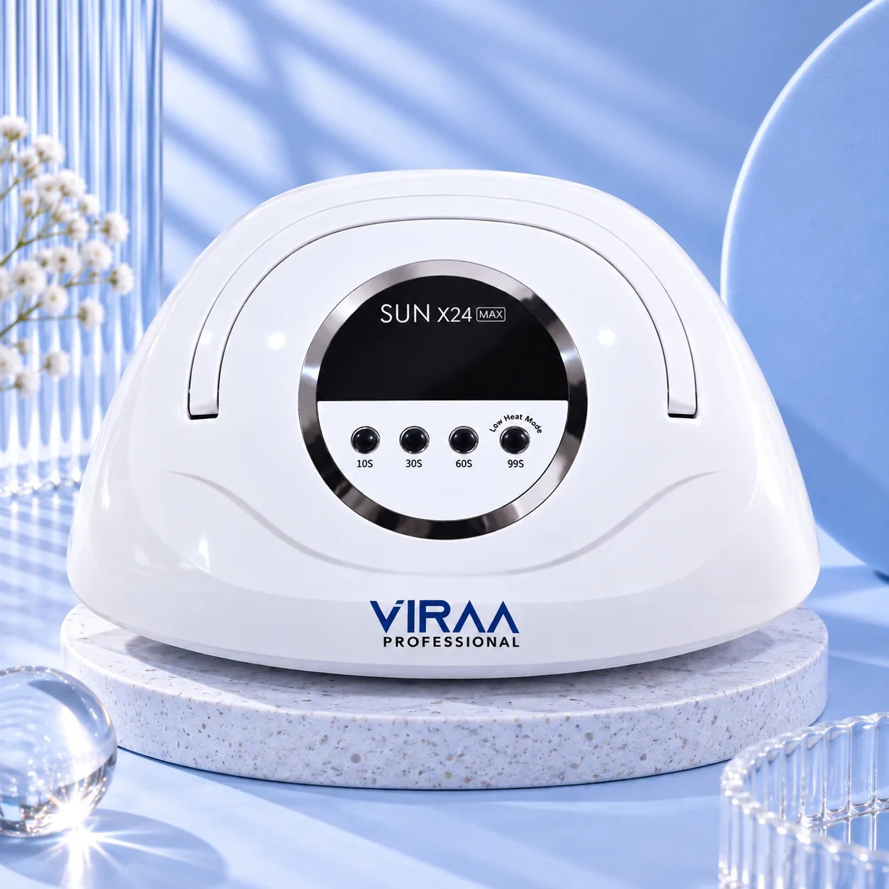Front of the Viraa Pro Pink LED SUNX24 MAX nail lamp showing the black control panel and VIRAA Professional logo