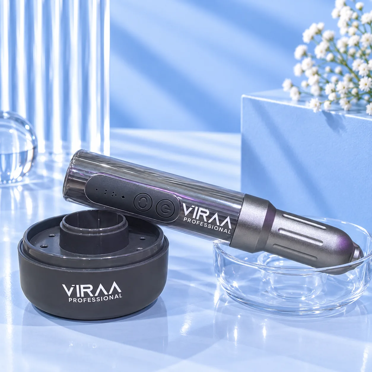 Viraa Pro rechargeable nail drill lying beside its black circular stand