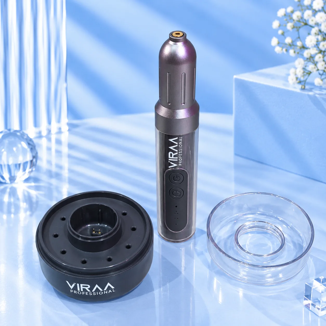 Viraa Pro rechargeable nail drill, stand and cover laid out together