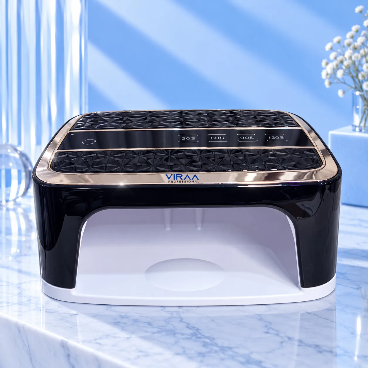 Viraa Pro SS10 rechargeable nail lamp from the front with the curing chamber open