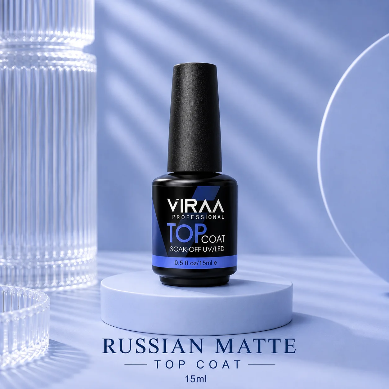 VIRAA Pro Russian Matte Top Coat in a black 15ml bottle with a blue band, soak-off UV/LED gel