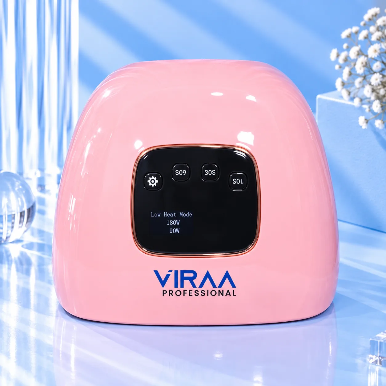 Front of the Viraa Pro Soft Delight pink nail lamp showing the digital display and timer buttons