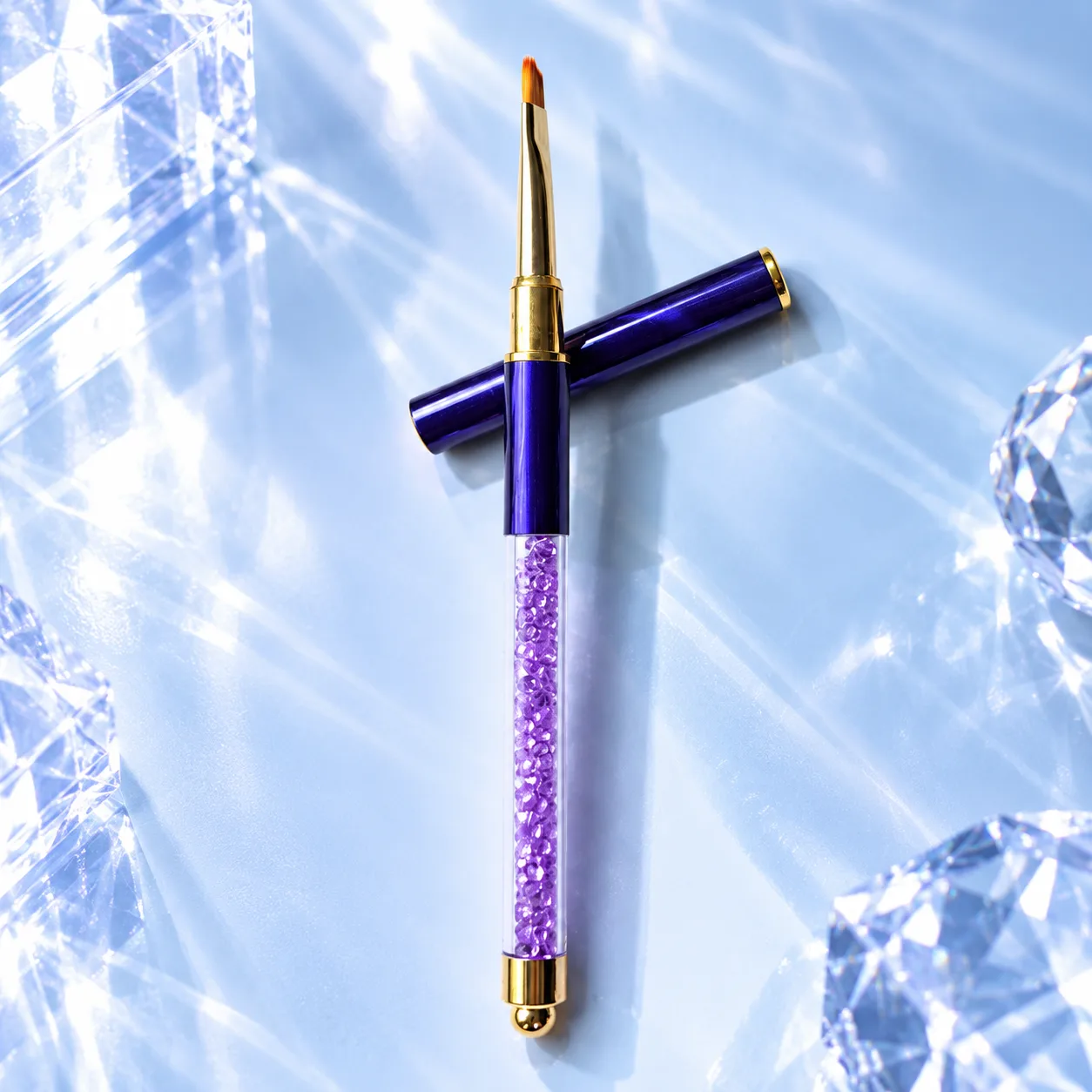 Small angled brush from the VIRAA Professional 8pc nail art brush set, with a purple marbled barrel and a purple crystal handle