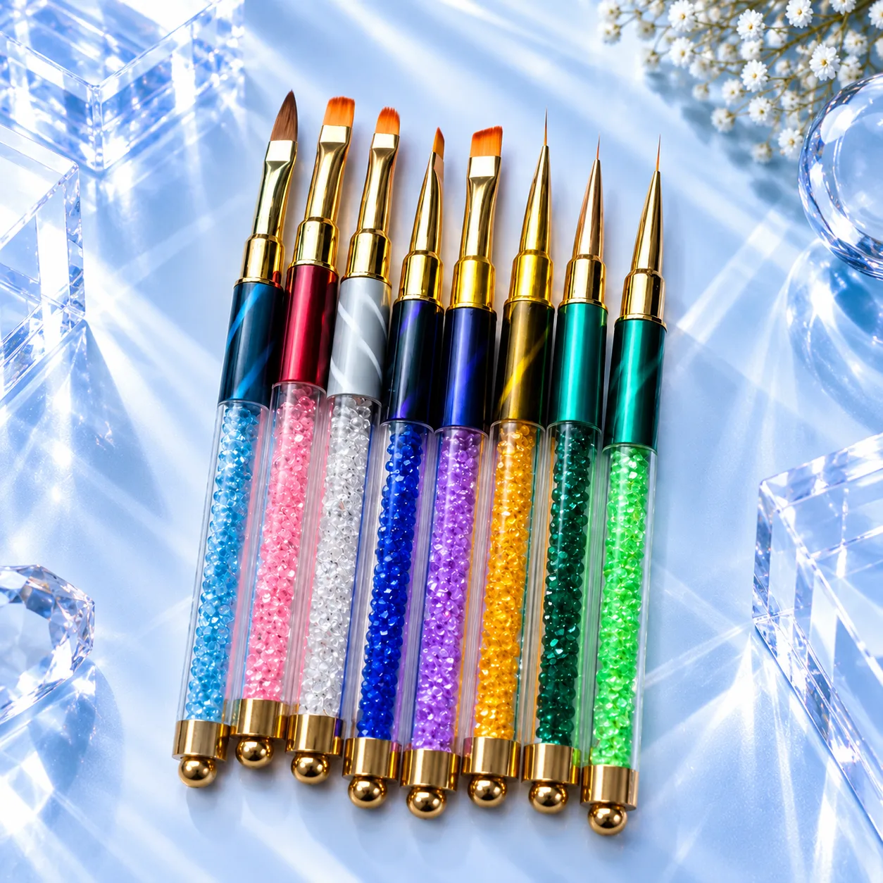 The eight brushes of the VIRAA Professional nail art brush set standing uncapped, showing the different head shapes