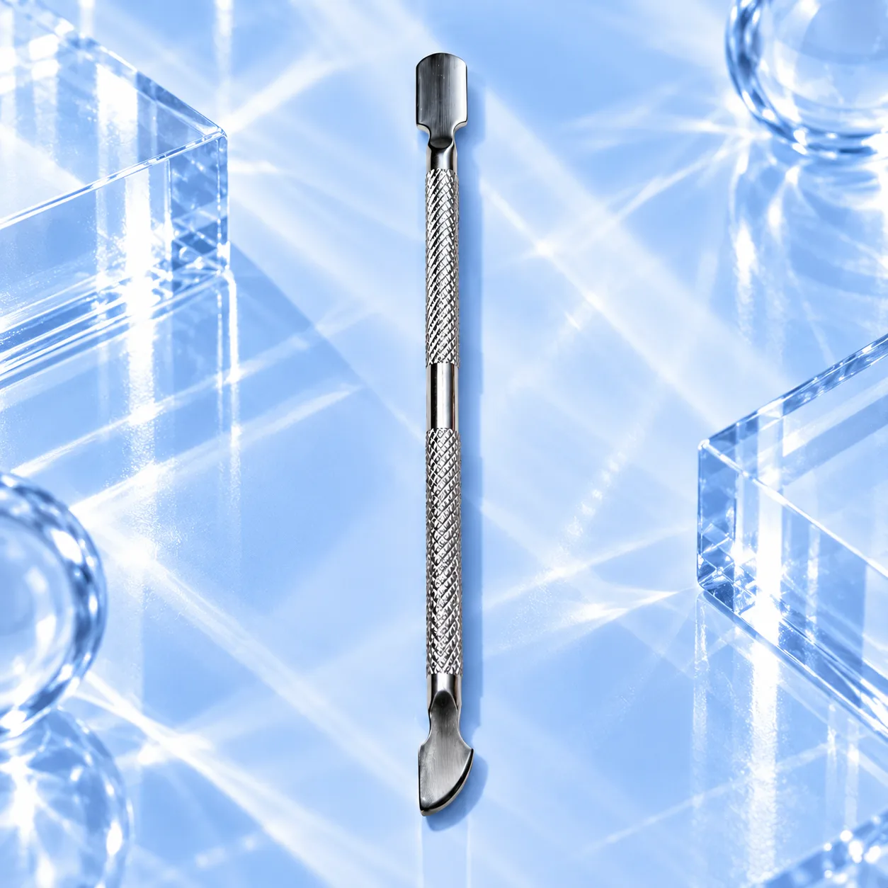 VIRAA Professional steel cuticle pusher, Style A, a double-ended tool with a textured grip
